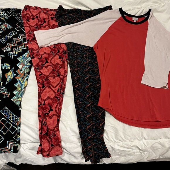 LuLaRoe Pants - 3 pairs of LuLaRoe leggings all One Size (OS) & 1 LuLaRoe Shirt with sleeves 2XL